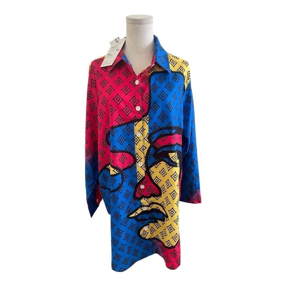 Thrill Plus Size  Multicolor Face Design Button Down Blouse Size 2X